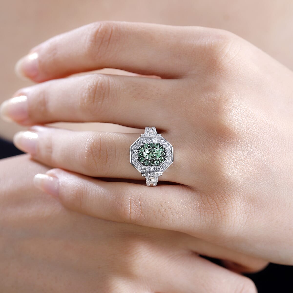  D'Joy Mint Tsavorite Garnet and Moissanite 1.60 ctw Art Deco Ring in Rhodium Over Sterling Silver (Size 5.0) image number 2