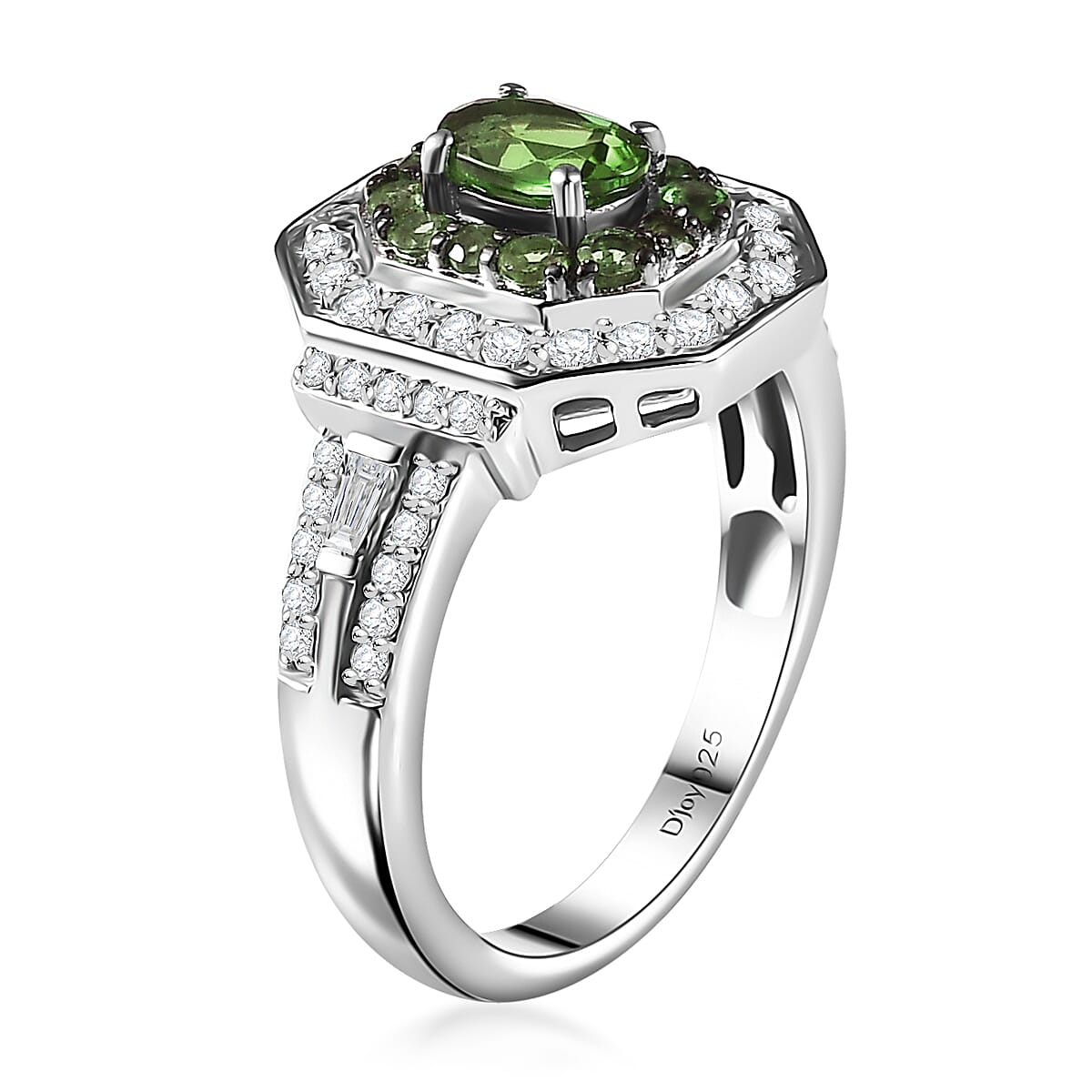  D'Joy Mint Tsavorite Garnet and Moissanite 1.60 ctw Art Deco Ring in Rhodium Over Sterling Silver (Size 5.0) image number 3