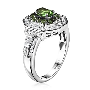  D'Joy Mint Tsavorite Garnet and Moissanite 1.60 ctw Art Deco Ring in Rhodium Over Sterling Silver (Size 5.0)
