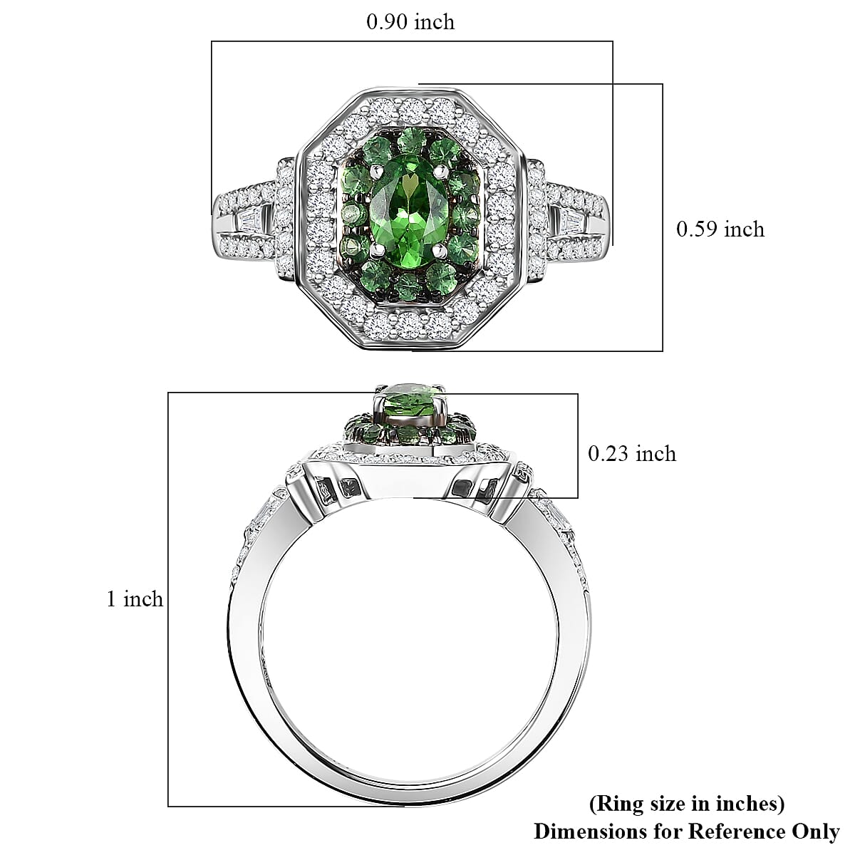  D'Joy Mint Tsavorite Garnet and Moissanite 1.60 ctw Art Deco Ring in Rhodium Over Sterling Silver (Size 5.0) image number 5