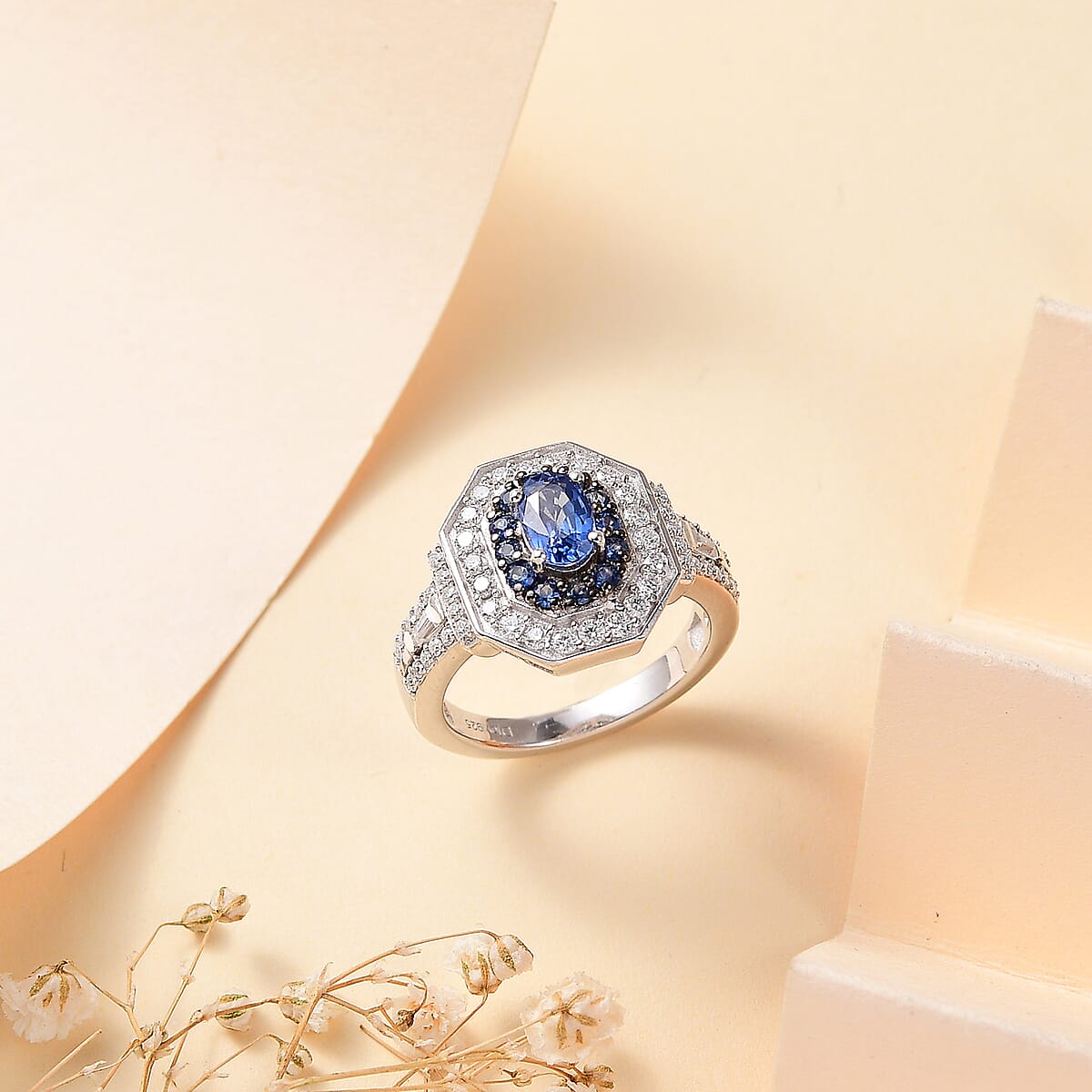 Doorbuster D'Joy Ceylon Blue Sapphire and Moissanite 1.70 ctw Art Deco Ring in Rhodium Over Sterling Silver (Size 10.0) image number 1