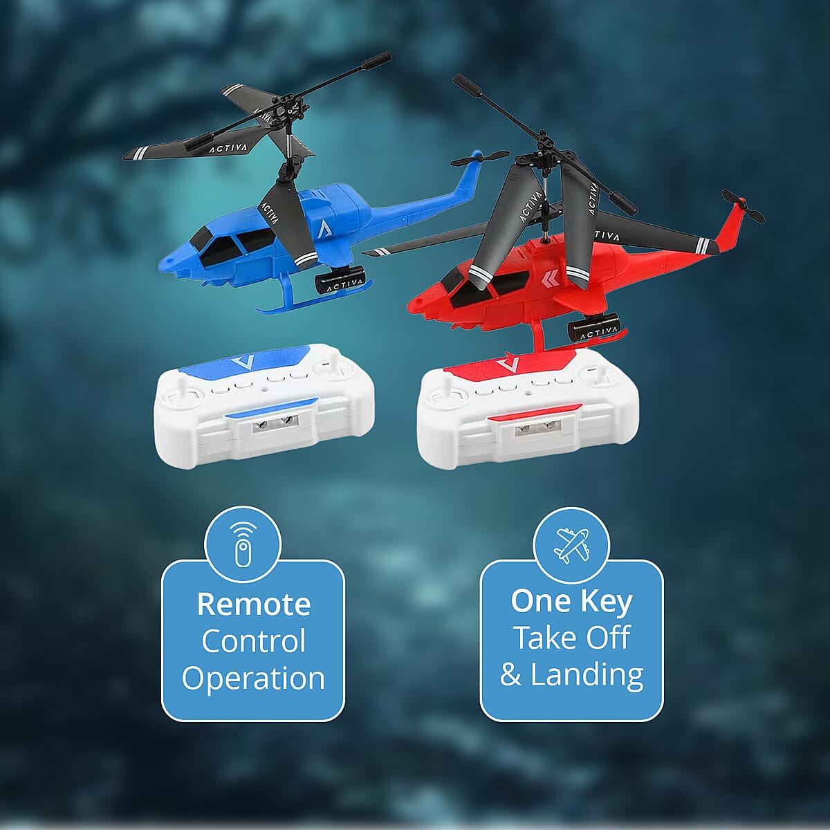 Doorbuster Closeout Set of 2 Mini Helicopters with Remote Control – Blue & Red image number 1