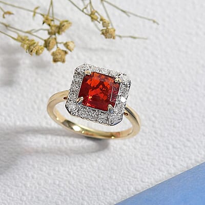 AAA Salamanca Fire Opal and Luxuriant Lab Grown Diamond G-H SI 1.85 ctw Ring in 10K Yellow Gold (Size 11.0)