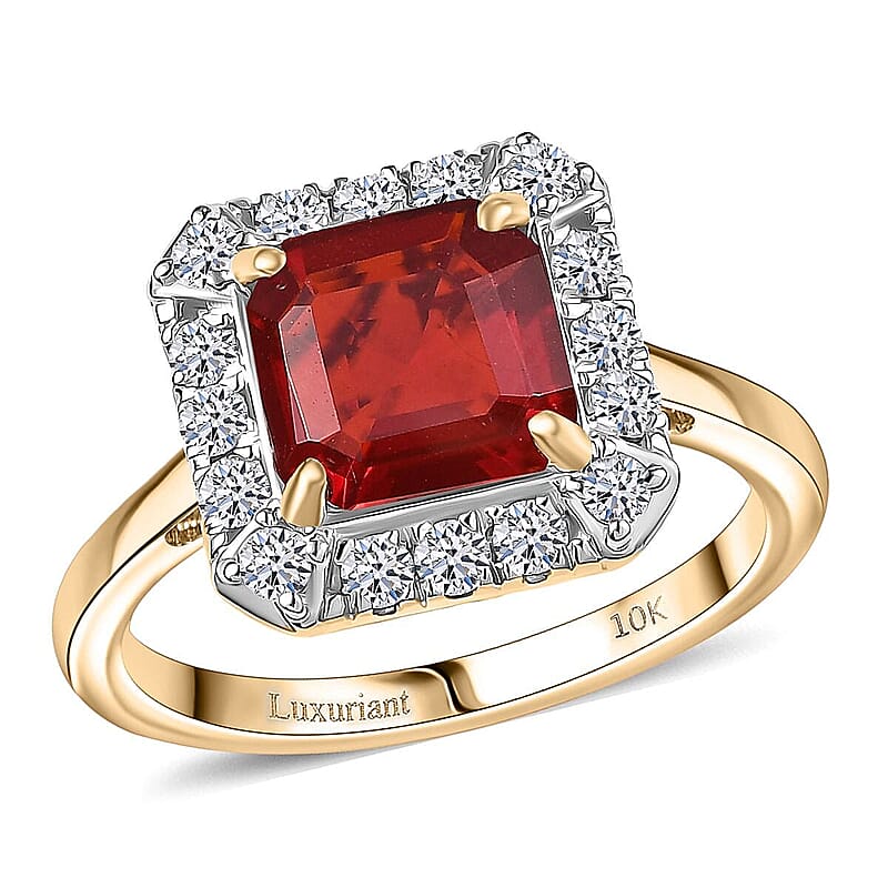 AAA Salamanca Fire Opal and Luxuriant Lab Grown Diamond G-H SI 1.85 ctw Ring in 10K Yellow Gold (Size 12.0)