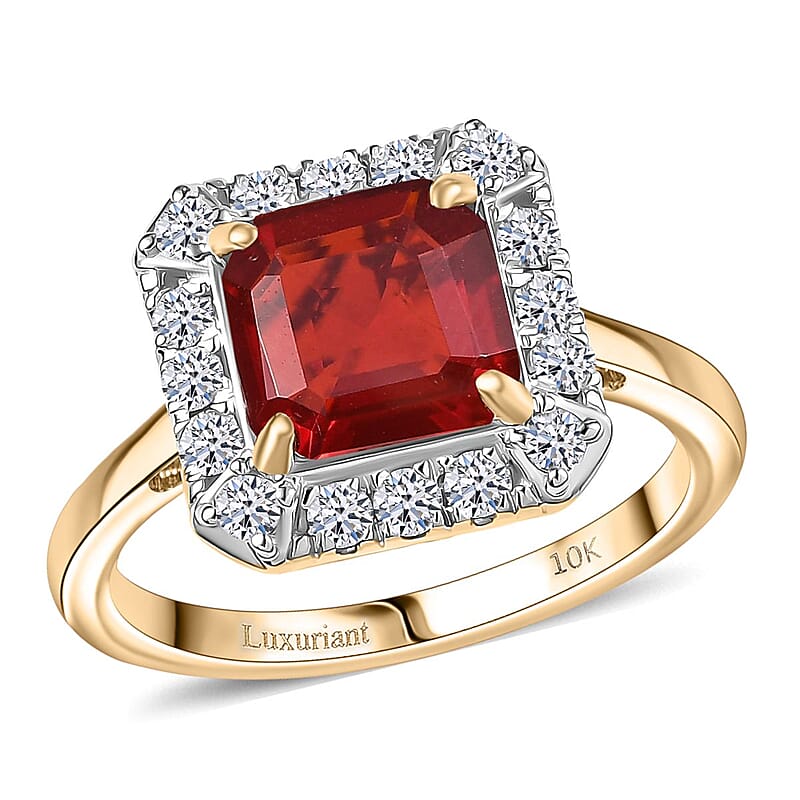 Certified & Appraised AAA Salamanca Fire Opal and Luxuriant Lab Grown Diamond G-H SI 1.85 ctw Ring in 10K Yellow Gold (Size 7.0)
