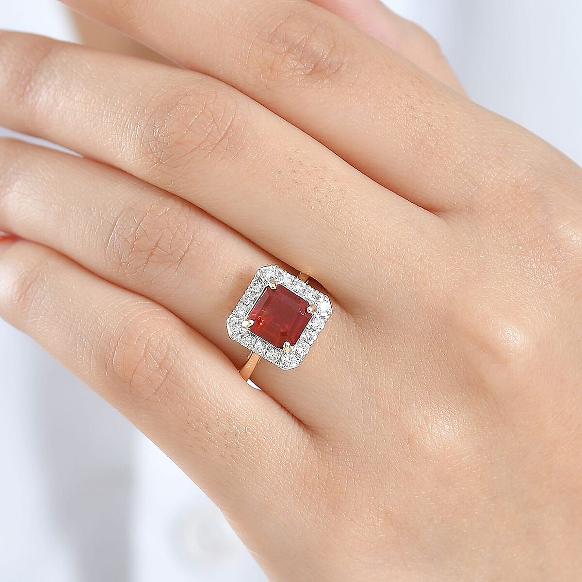 AAA Salamanca Fire Opal and Luxuriant Lab Grown Diamond G-H SI 1.85 ctw Ring in 10K Yellow Gold (Size 9.5) image number 2