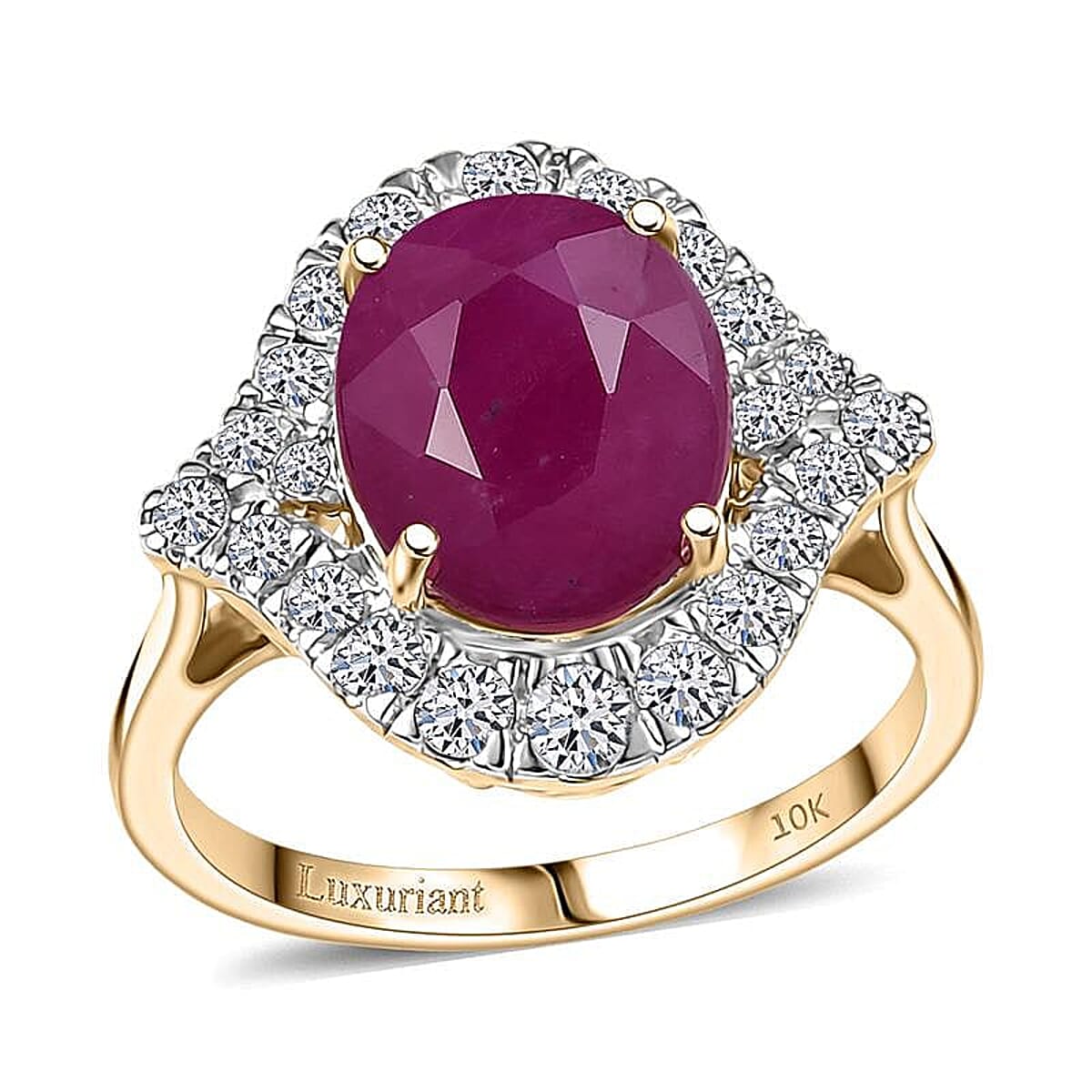 Certified AAA Montepuez Ruby, Lab-Grown Diamond Ring in 10K Yellow Gold 6.15 ctw (Size 5.0) image number 0