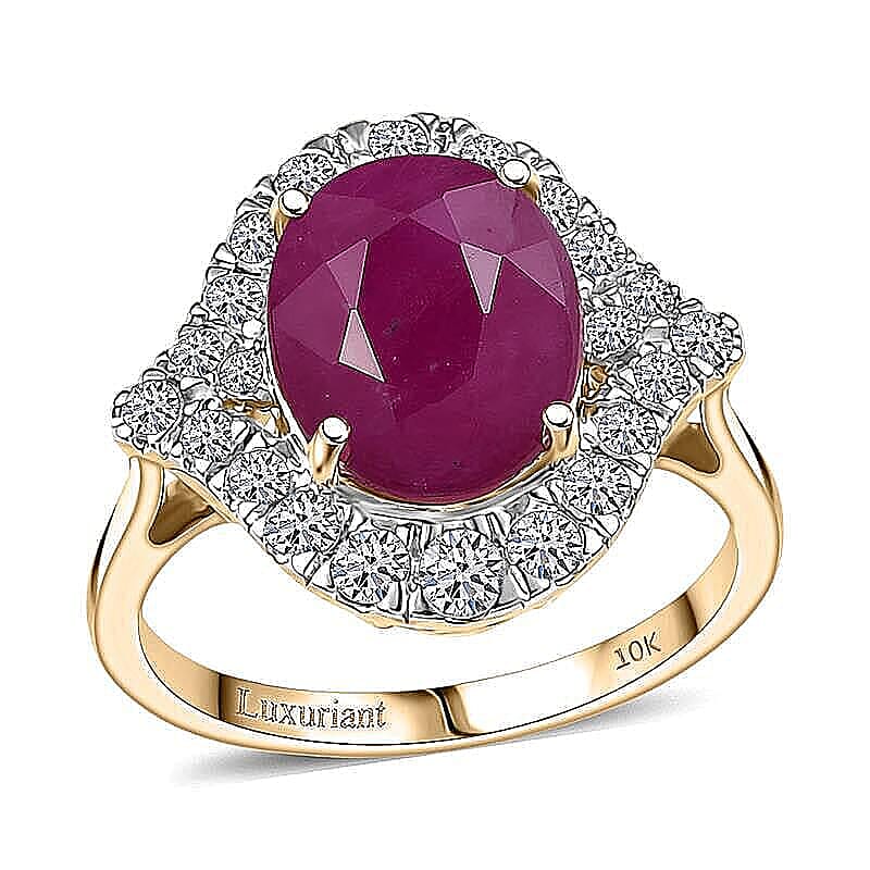 Certified & Appraised 10K Yellow Gold AAA Mozambique Ruby, Luxuriant Lab Grown Diamond (G-H, SI) (0.54 cts) Ring (Size 10.0) 6.15 ctw
