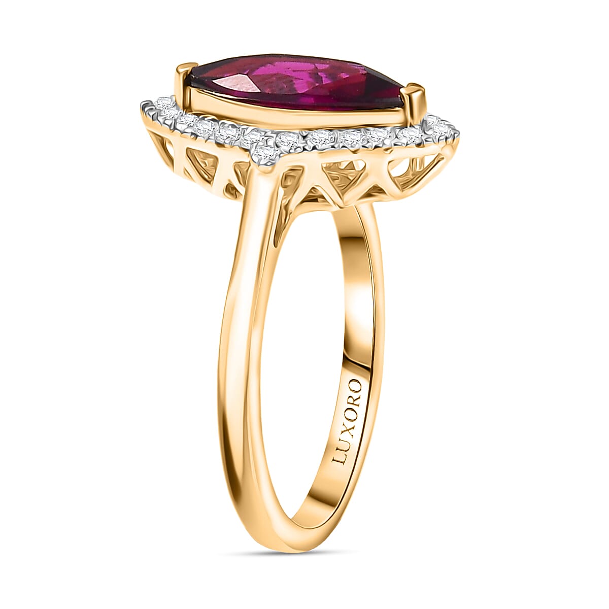  Certified & Appraised Luxoro AAA Radiant Ember Garnet and G-H I2 Diamond 2.00 ctw Halo Ring in 10K Yellow Gold (Size 8.0) image number 3