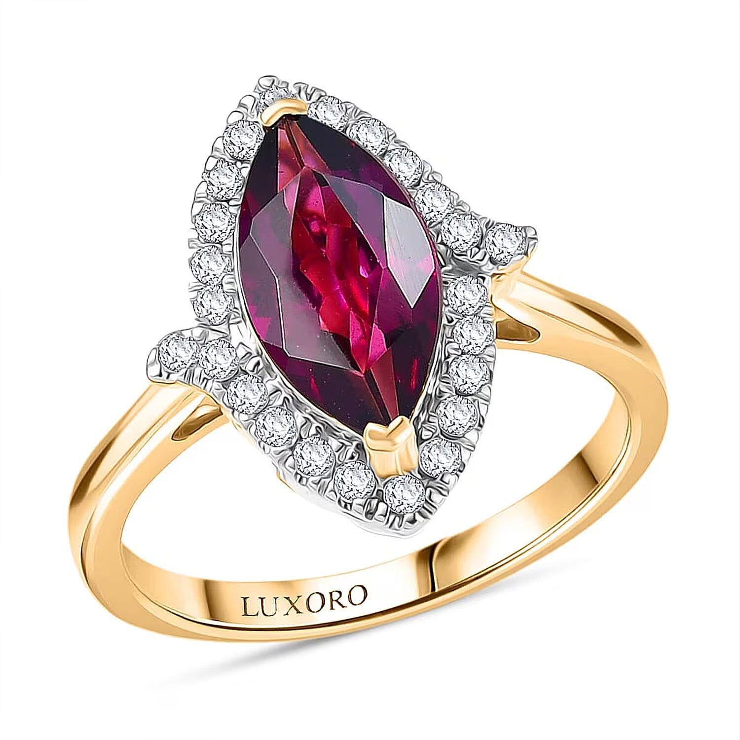 Certified & Appraised Luxoro 10K Yellow Gold AAA Radiant Ember Garnet, Diamond (G-H, I2) (0.23 cts) Halo Ring (Size 10.0) 2.00 ctw