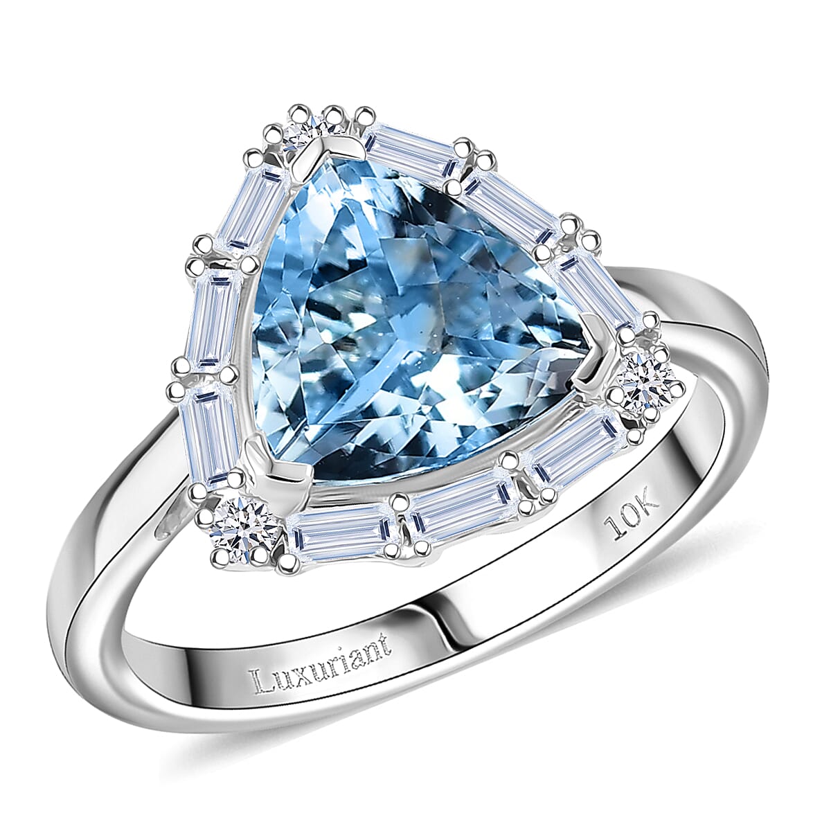 Dan's Pick Certified & Appraised 10K White Gold AAA Esprito Aquamarine, Luxuriant Lab Grown Diamond (G-H, SI) Ring (Size 10.0) 2.50 ctw
