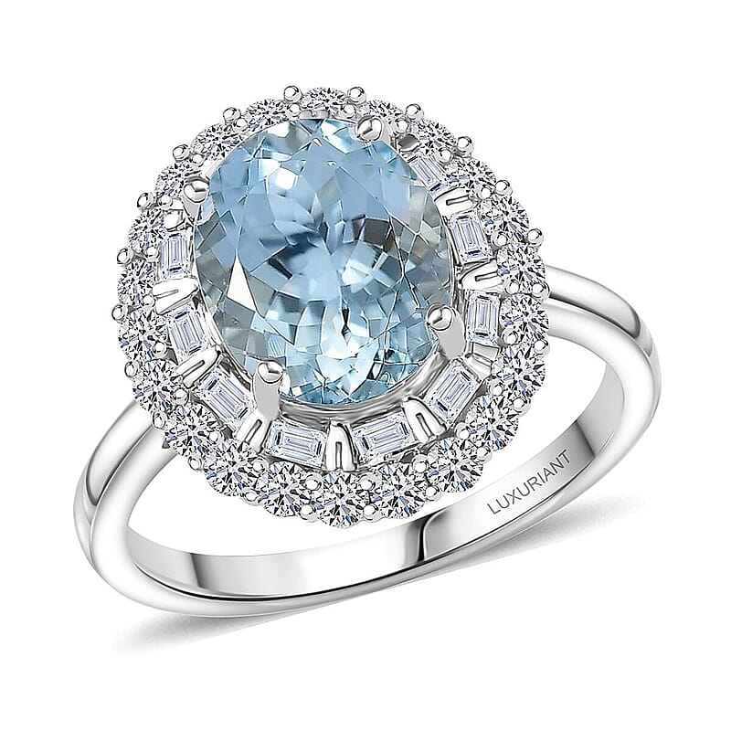 Certified & Appraised AAA Mangoro Aquamarine and Luxuriant Diamond G-H SI 3.11 ctw Cocktail Ring in 10K White Gold (Size 5.0)