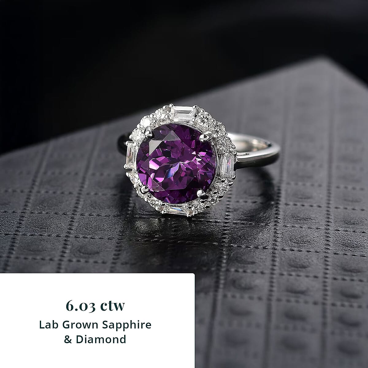 Certified & Appraised Luxuriant AAA Lab Grown Purple Sapphire and Diamond G-H SI 6.03 ctw Ring in 10K White Gold (Size 9.0) image number 2