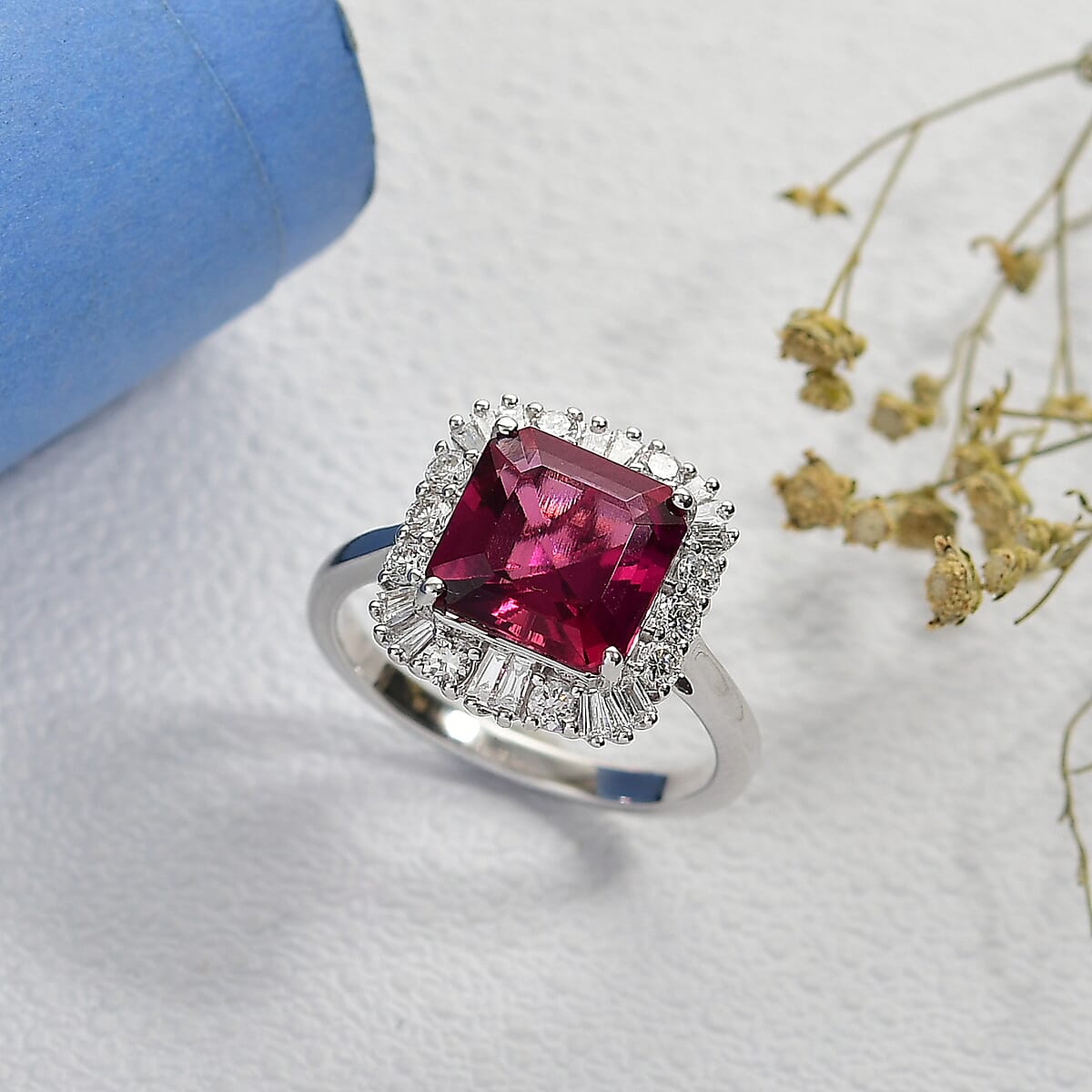 Certified Luxuriant AAA Asscher Cut Lab Grown Bixbite, Diamond Ring in 10K White Gold 3.50 ctw (Size 6.0) image number 0