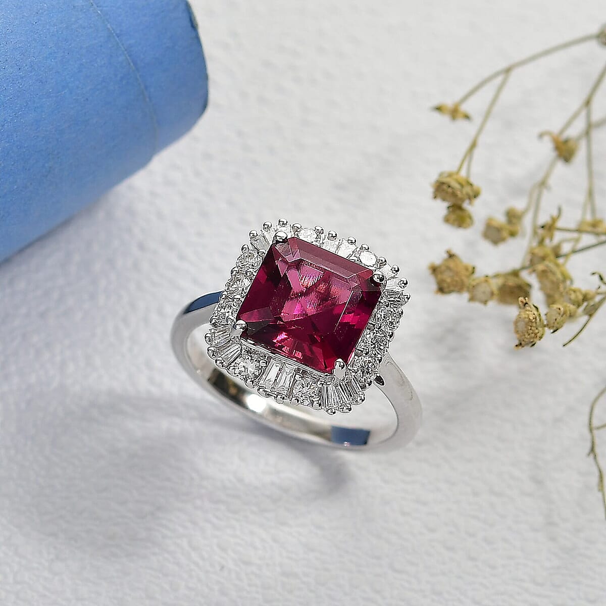 Certified and Appraised Luxuriant AAA Asscher Cut Lab Grown Bixbite, Diamond Ring in 10K White Gold 3.50 ctw (Size 9.5) image number 1