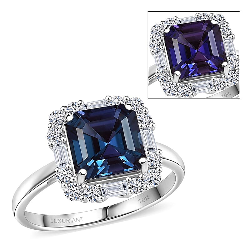 Certified & Appraised Luxuriant Asscher Cut AAA Lab Grown Alexandrite and Diamond G-H SI 3.56 ctw Ring in 10K White Gold (Size 6.0)