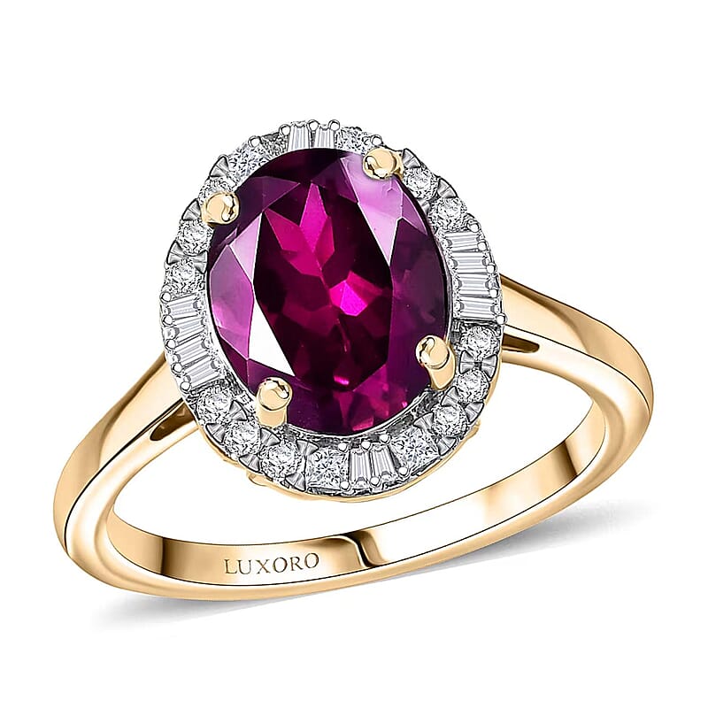 Certified & Appraised Luxoro AAA Radiant Ember Garnet and G-H I2 Diamond 3.30 ctw Halo Ring in 10K Yellow Gold (Size 10.0)