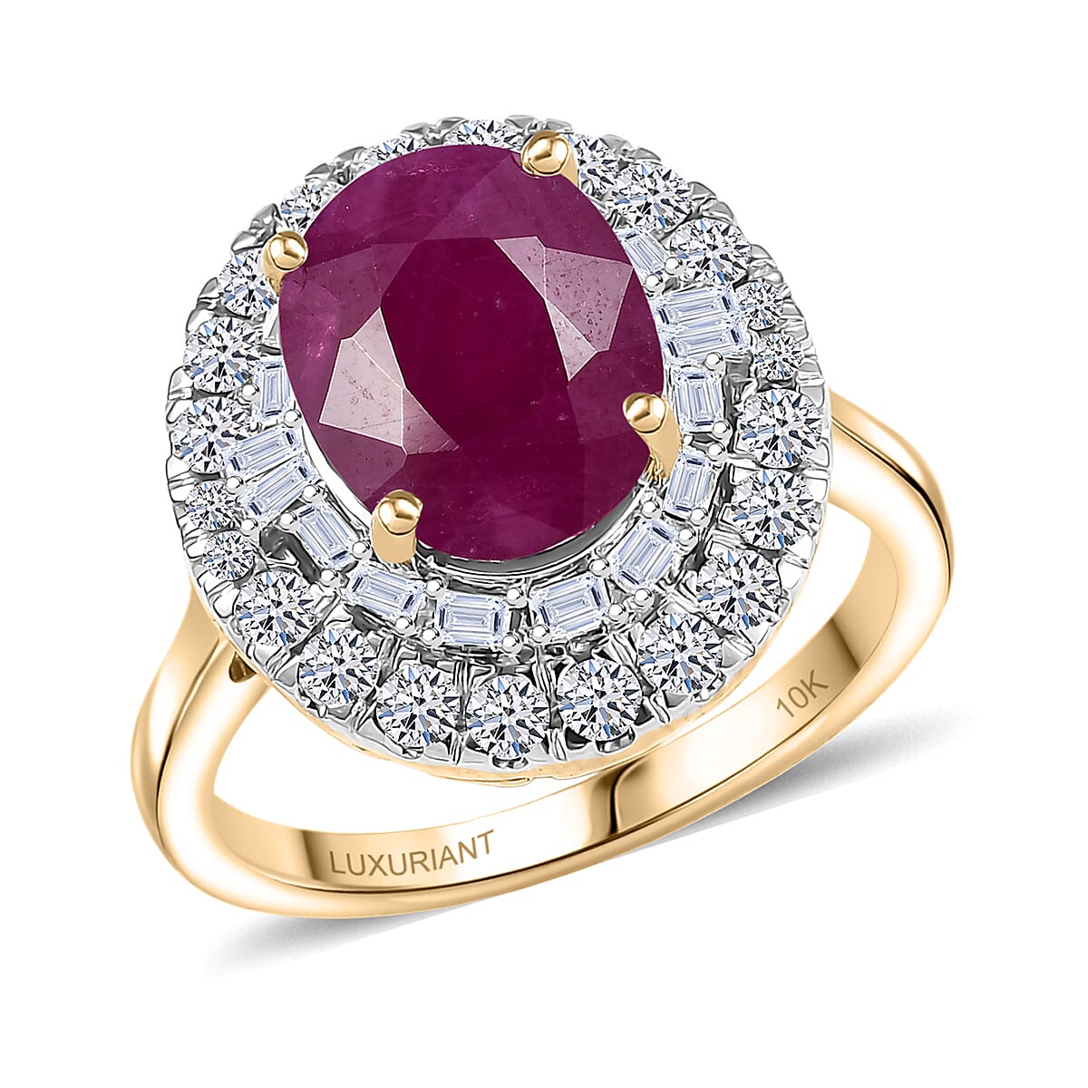 Certified & Appraised 10K Yellow Gold AAA Montepuez Ruby, Luxuriant Lab Grown Diamond (G-H, SI) (0.65 cts) Ballerina Halo Ring (Size 10.0) 4.75 ctw image number 0