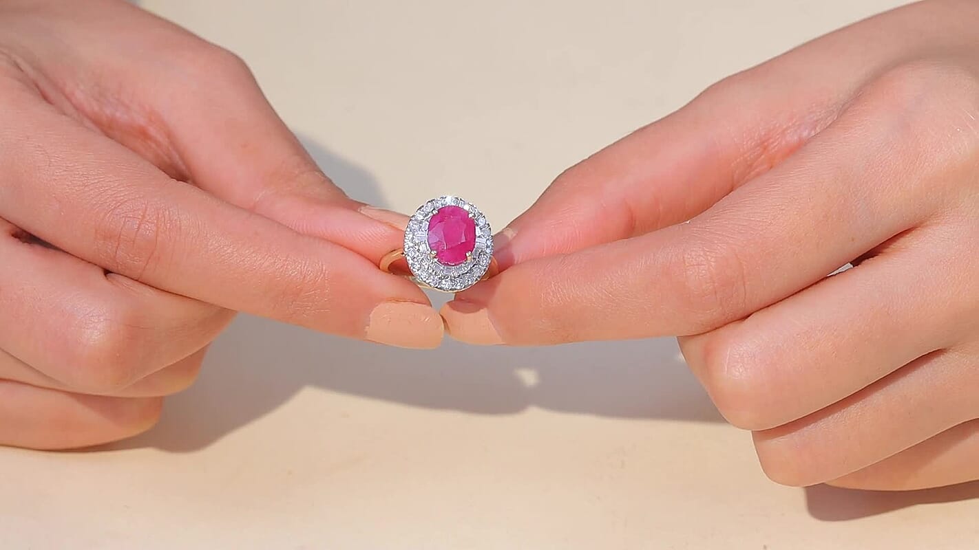 Certified & Appraised 10K Yellow Gold AAA Montepuez Ruby, Luxuriant Lab Grown Diamond (G-H, SI) (0.65 cts) Ballerina Halo Ring 4.75 ctw