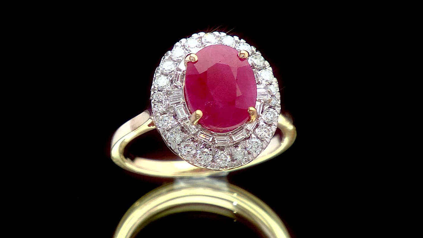 Certified & Appraised 10K Yellow Gold AAA Montepuez Ruby, Luxuriant Lab Grown Diamond (G-H, SI) (0.65 cts) Ballerina Halo Ring 4.75 ctw