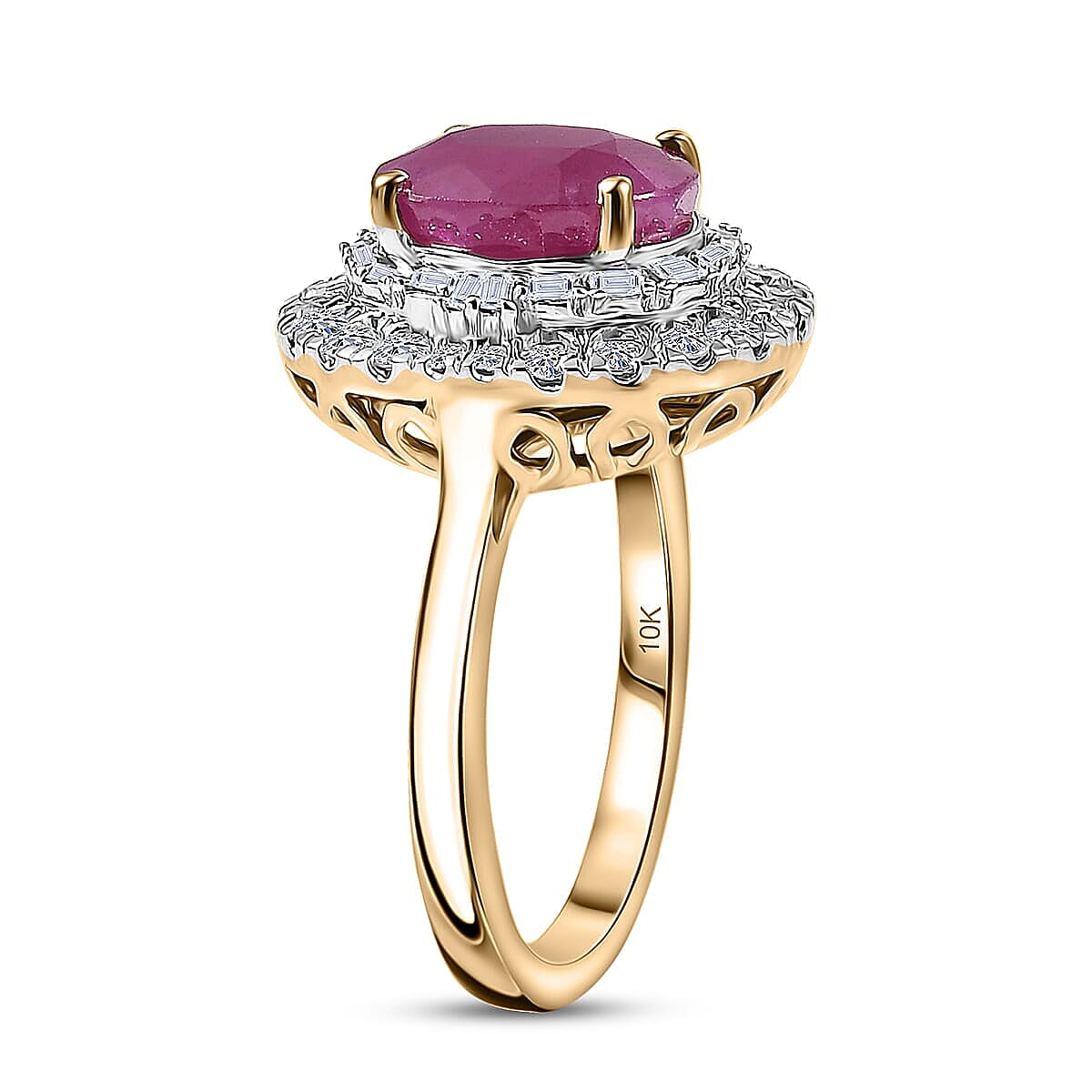 Certified AAA Montepuez Ruby,  Diamond Ballerina Halo Ring in 10K Yellow Gold 4.75 ctw (Size 9.0) image number 3