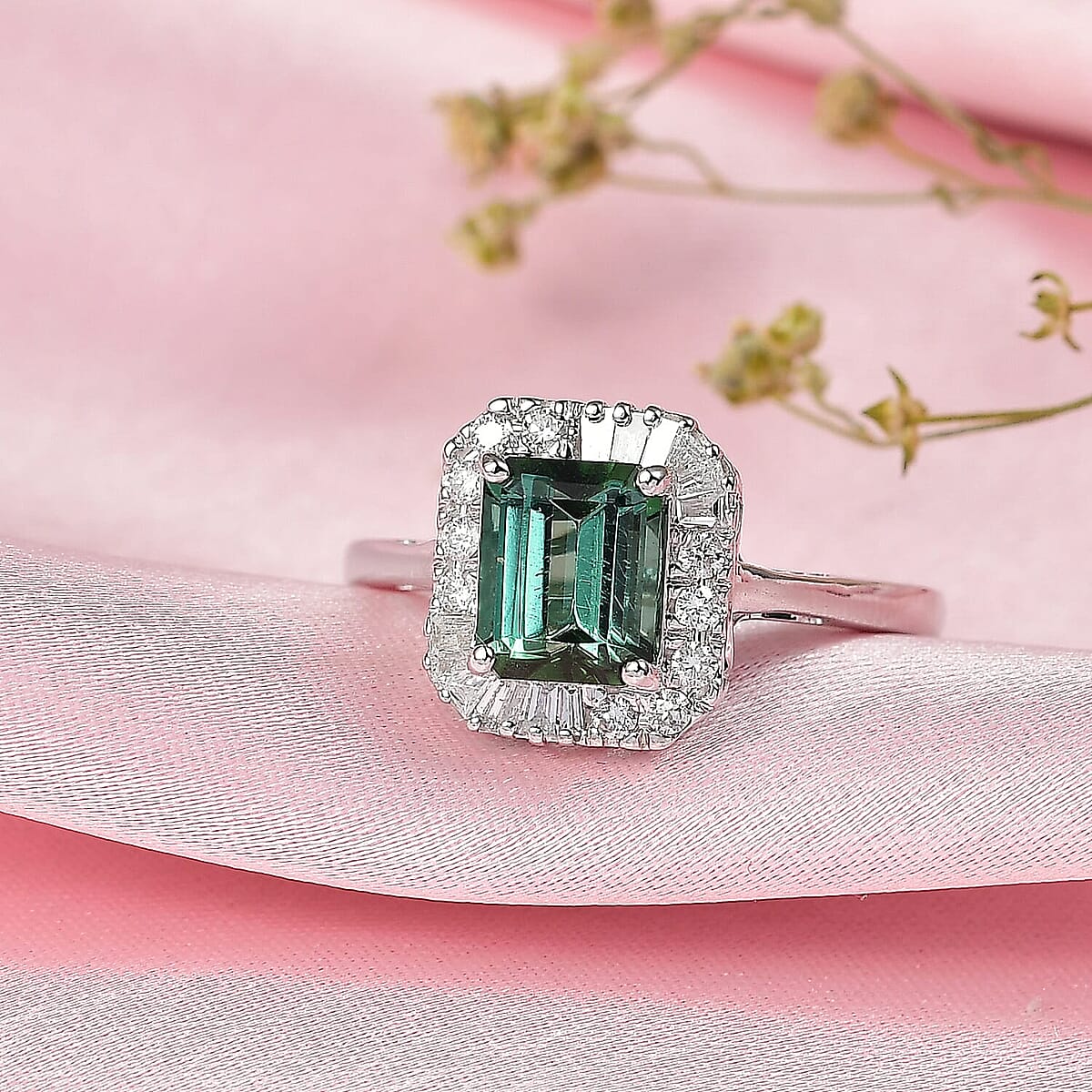 Certified & Appraised Luxoro AAA Pirineu Lagoon Tourmaline and G-H I2 Diamond 2.13 ctw Art Deco Ring in 10K White Gold (Size 10.0) image number 1