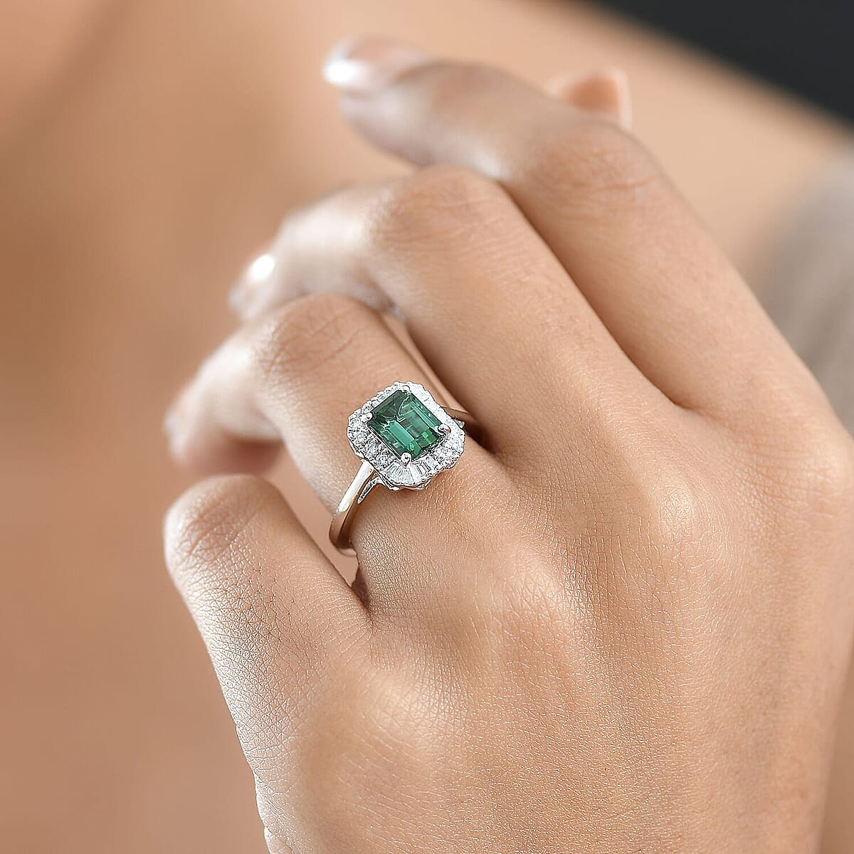 Certified & Appraised Luxoro AAA Pirineu Lagoon Tourmaline and G-H I2 Diamond 2.13 ctw Art Deco Ring in 10K White Gold (Size 10.0) image number 2