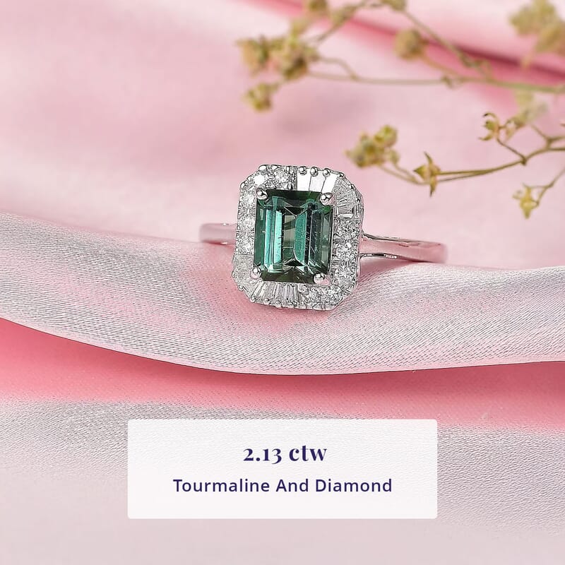 Certified & Appraised Luxoro AAA Pirineu Lagoon Tourmaline and G-H I2 Diamond 2.13 ctw Art Deco Ring in 10K White Gold (Size 10.0)