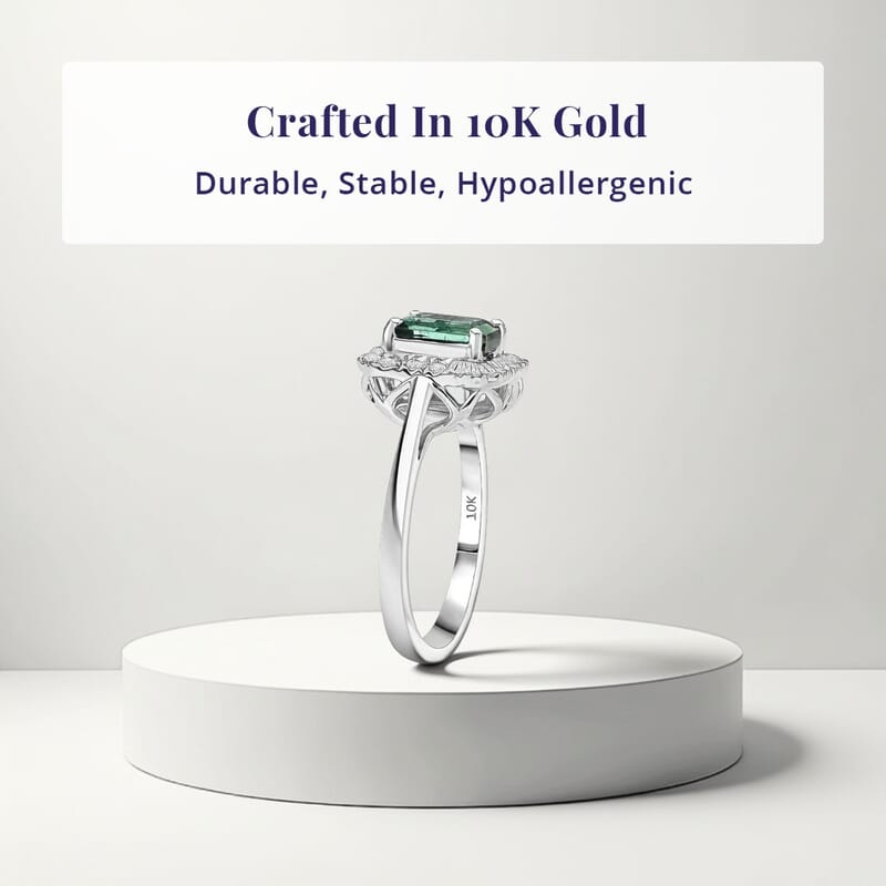 Certified & Appraised Luxoro AAA Pirineu Lagoon Tourmaline and G-H I2 Diamond 2.13 ctw Art Deco Ring in 10K White Gold (Size 10.0)