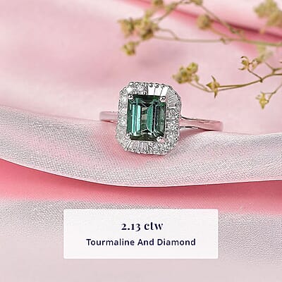 Certified & Appraised Luxoro AAA Pirineu Lagoon Tourmaline and G-H I2 Diamond 2.13 ctw Art Deco Ring in 10K White Gold (Size 11.0)