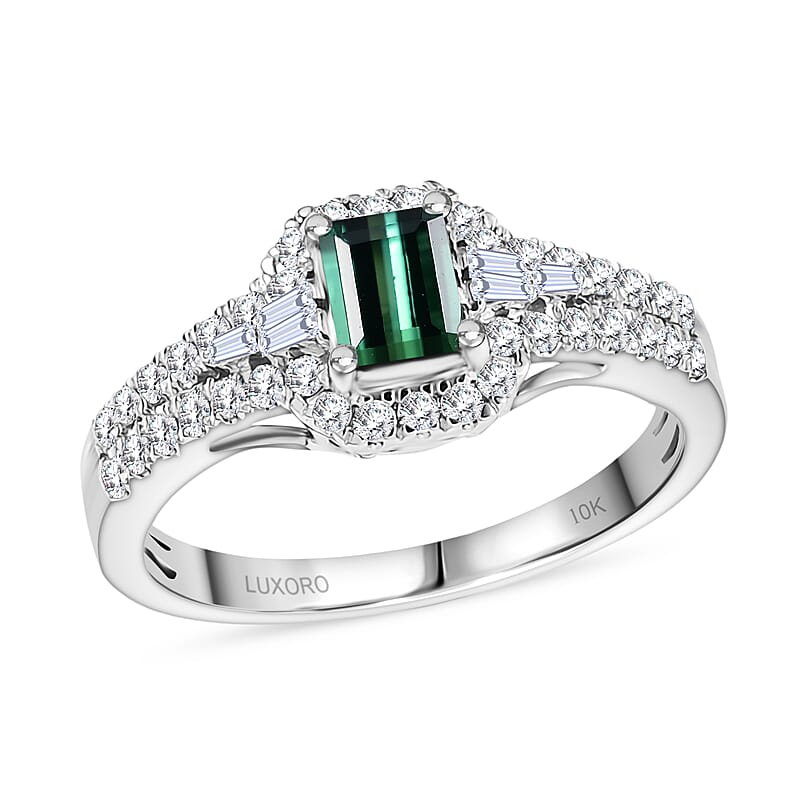 Certified & Appraised Luxoro AAA Pirineu Lagoon Tourmaline and G-H I2 Diamond 1.30 ctw Art Deco Ring in 10K White Gold (Size 10.0)