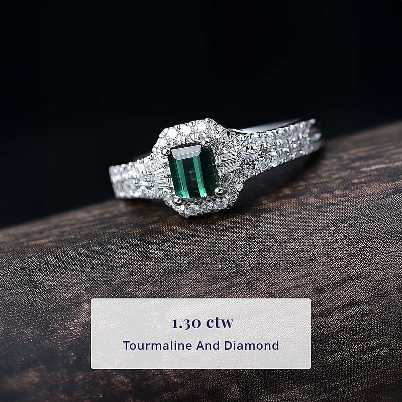  Certified & Appraised Luxoro AAA Pirineu Lagoon Tourmaline and G-H I2 Diamond 1.30 ctw Art Deco Ring in 10K White Gold (Size 11.0)
