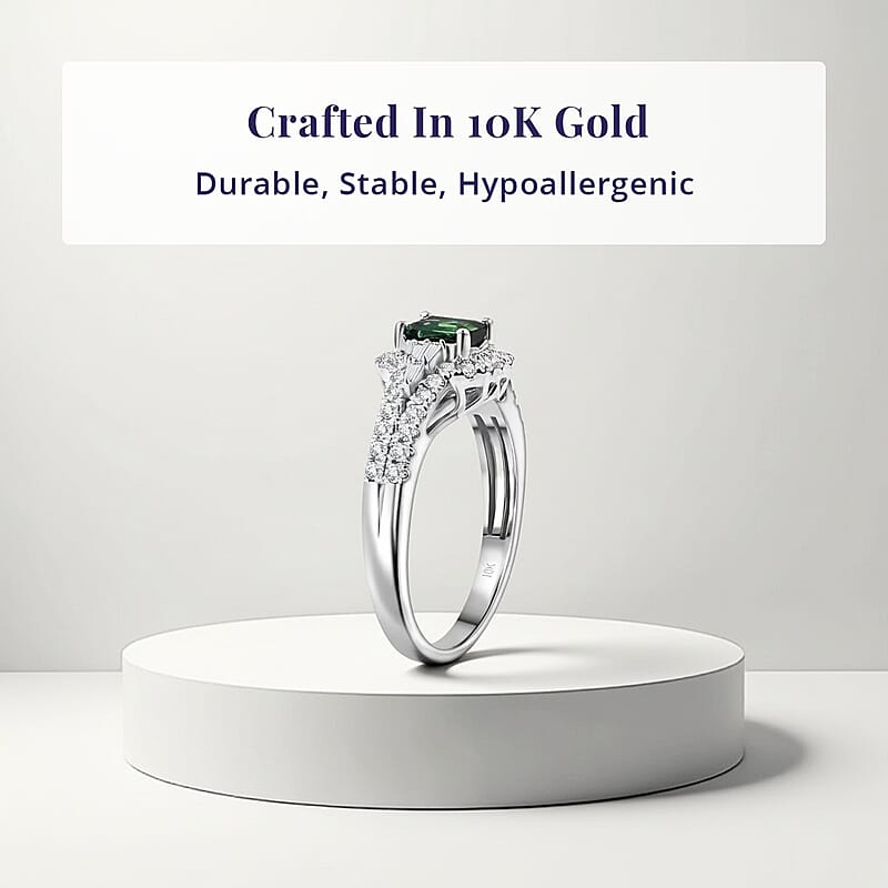  Certified & Appraised Luxoro AAA Pirineu Lagoon Tourmaline and G-H I2 Diamond 1.30 ctw Art Deco Ring in 10K White Gold (Size 11.0)