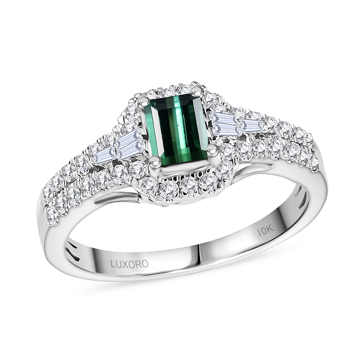 Doorbuster Certified & Appraised Luxoro AAA Pirineu Lagoon Tourmaline and G-H I2 Diamond 1.30 ctw Art Deco Ring in 10K White Gold (Size 7.0) image number 0