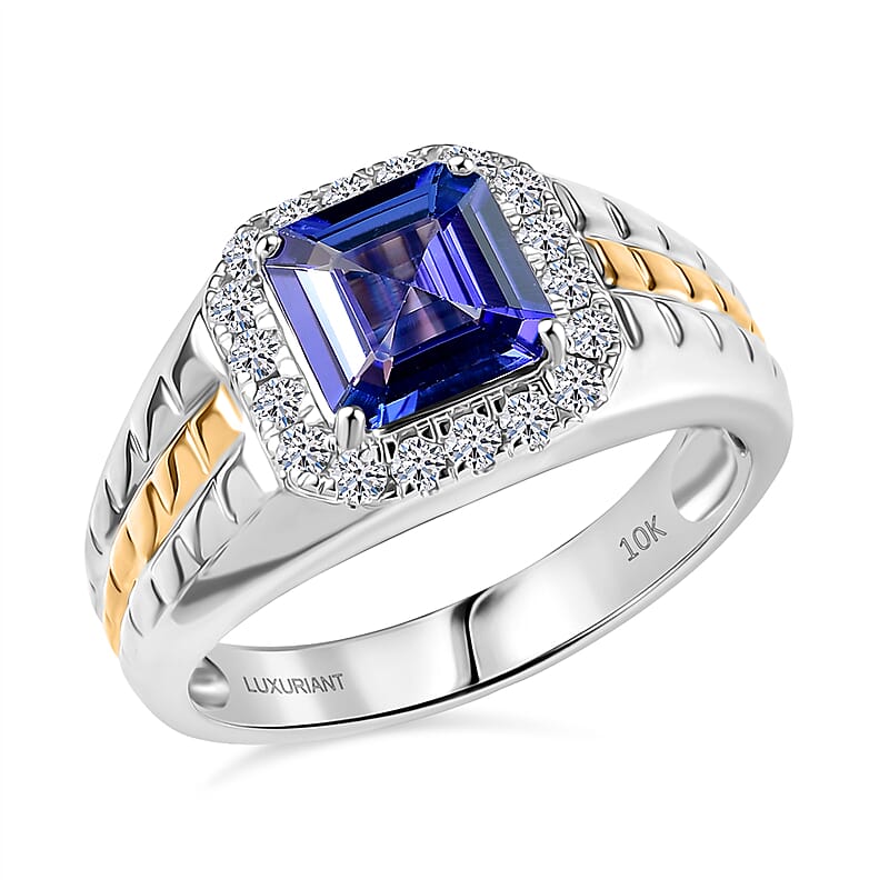 Certified & Appraised Asscher Cut AAA Tanzanite and Luxuriant Lab Grown Diamond G-H SI 3.00 ctw Majesty Men's Ring in 10K White and Yellow Gold (Size 10.0) 7 Grams