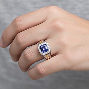 Certified Asscher Cut AAA Tanzanite,  Diamond Dual-Tone Men's Ring in 10K White and Yellow Gold 3.00 ctw (Size 11.0)