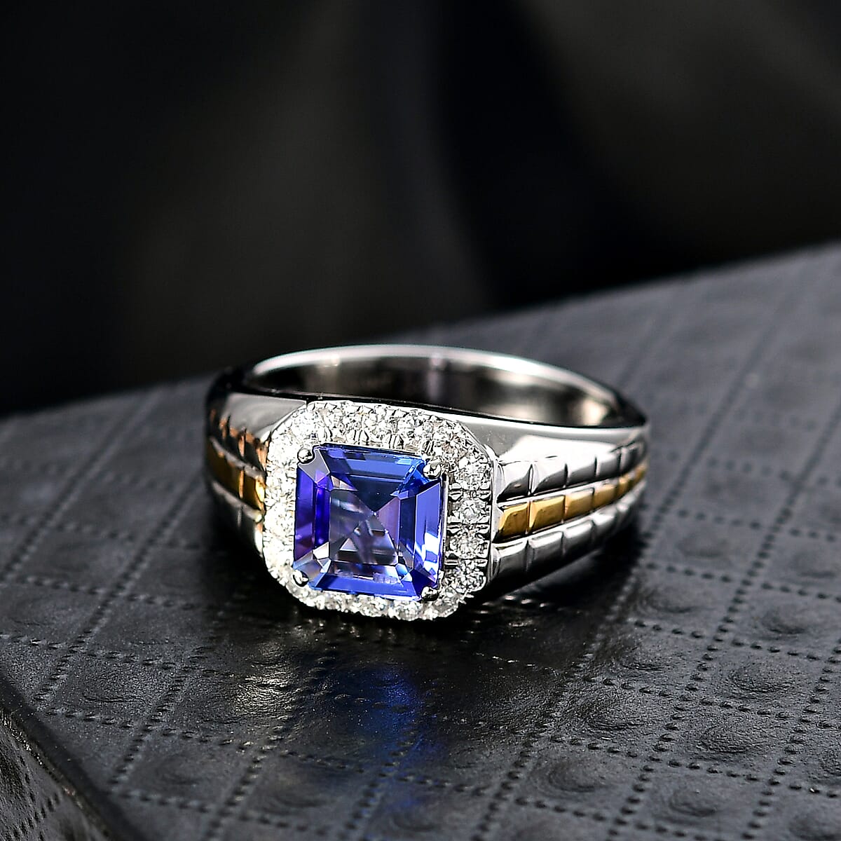 Certified Asscher Cut AAA Tanzanite,  Diamond Dual-Tone Men's Ring in 10K White and Yellow Gold 3.00 ctw (Size 9.0) image number 1