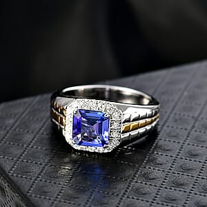 Certified Asscher Cut AAA Tanzanite,  Diamond Dual-Tone Men's Ring in 10K White and Yellow Gold 3.00 ctw (Size 9.0)