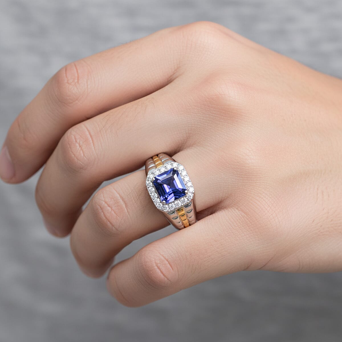 Certified Asscher Cut AAA Tanzanite,  Diamond Dual-Tone Men's Ring in 10K White and Yellow Gold 3.00 ctw (Size 9.0) image number 2