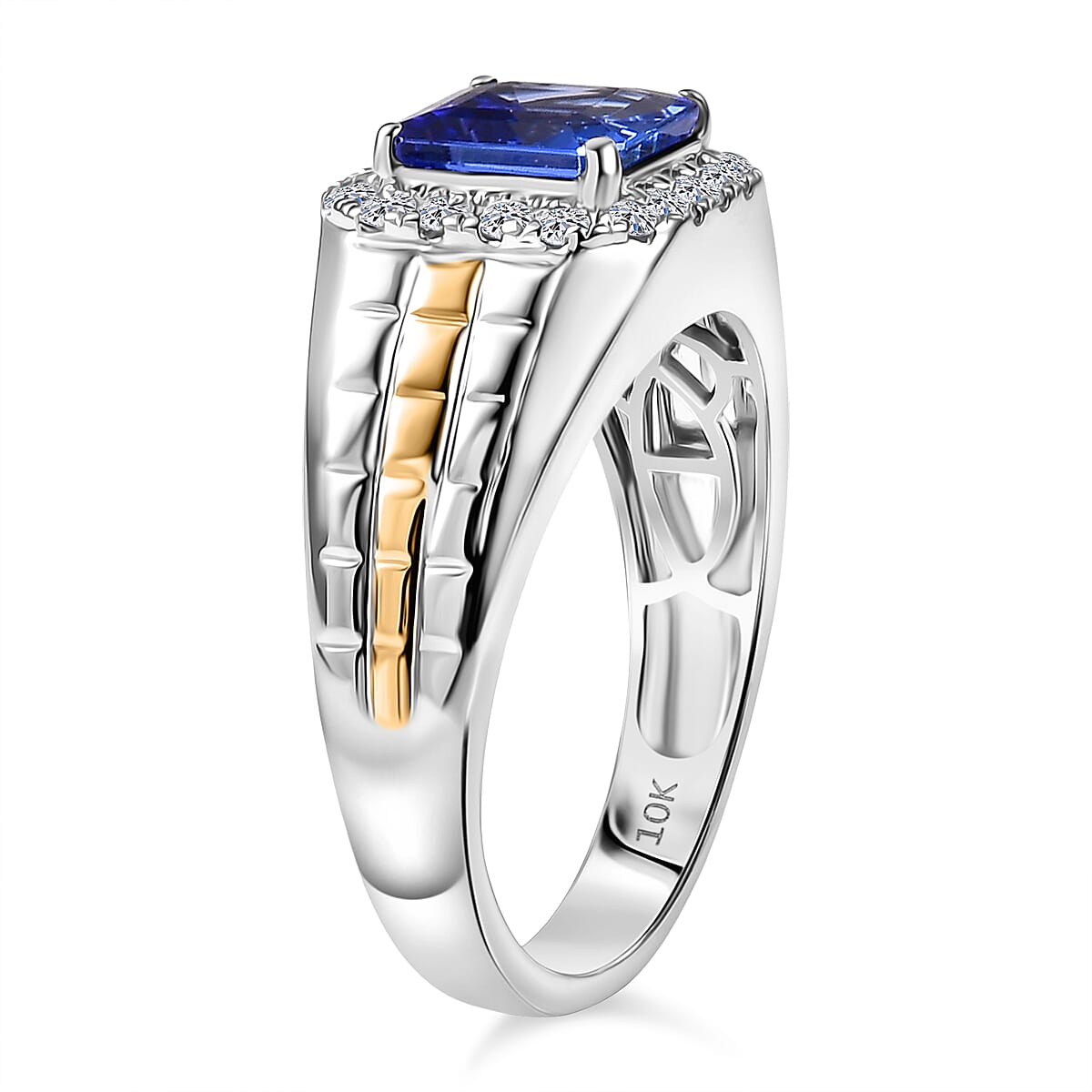 Certified Asscher Cut AAA Tanzanite,  Diamond Dual-Tone Men's Ring in 10K White and Yellow Gold 3.00 ctw (Size 9.0) image number 3