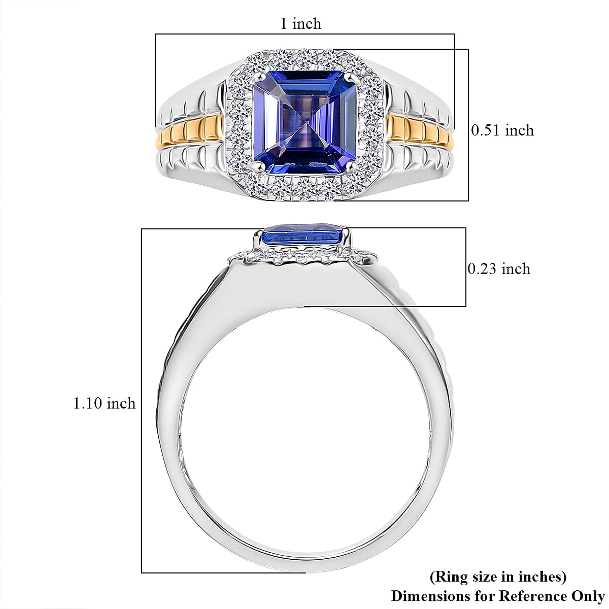 Certified Asscher Cut AAA Tanzanite,  Diamond Dual-Tone Men's Ring in 10K White and Yellow Gold 3.00 ctw (Size 9.0) image number 5