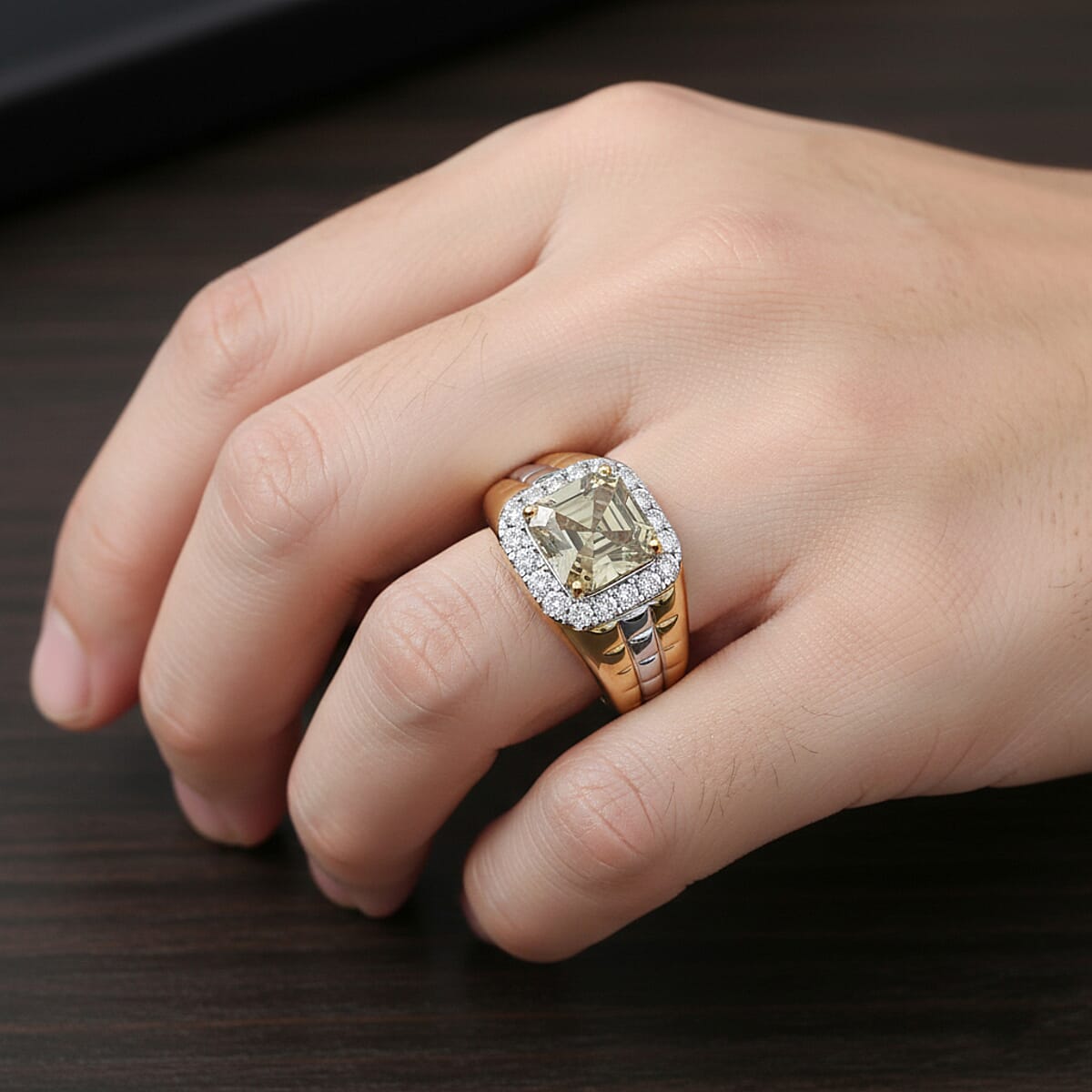 Certified AAA Turkizite, Lab Grown Diamond Art Deco Men's Ring in 10K Yellow and White Gold 3.20 ctw (Size 9.0) image number 2