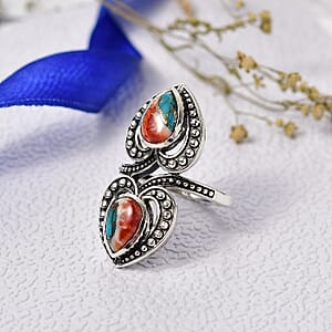 D'Joy Indian Artisan Crafted Spiny Oyster Bypass Ring in Black Oxidised Sterling Silver 4.80 ctw (Size 7.0)