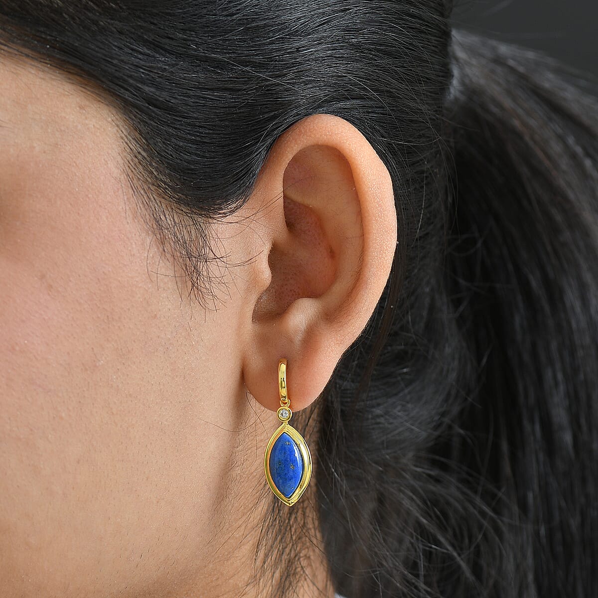 EverTrue Lapis Lagoon and White Zircon 8.40 ctw Earrings in 18K YG Plated and ION Plated YG Stainless Steel image number 2