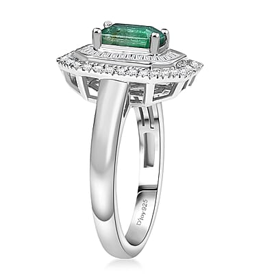 D'Joy Kagem Zambian Emerald, Diamond Ring in Rhodium Over Sterling Silver 1.35 ctw (Size 10.0)