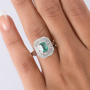 D'Joy Kagem Zambian Emerald, Diamond Ring in Rhodium Over Sterling Silver 1.35 ctw (Size 8.0)