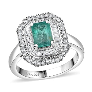 D'Joy Kagem Zambian Emerald, Diamond Ring in Rhodium Over Sterling Silver 1.35 ctw (Size 9.0)