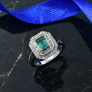 D'Joy Kagem Zambian Emerald, Diamond Ring in Rhodium Over Sterling Silver 1.35 ctw (Size 9.0)