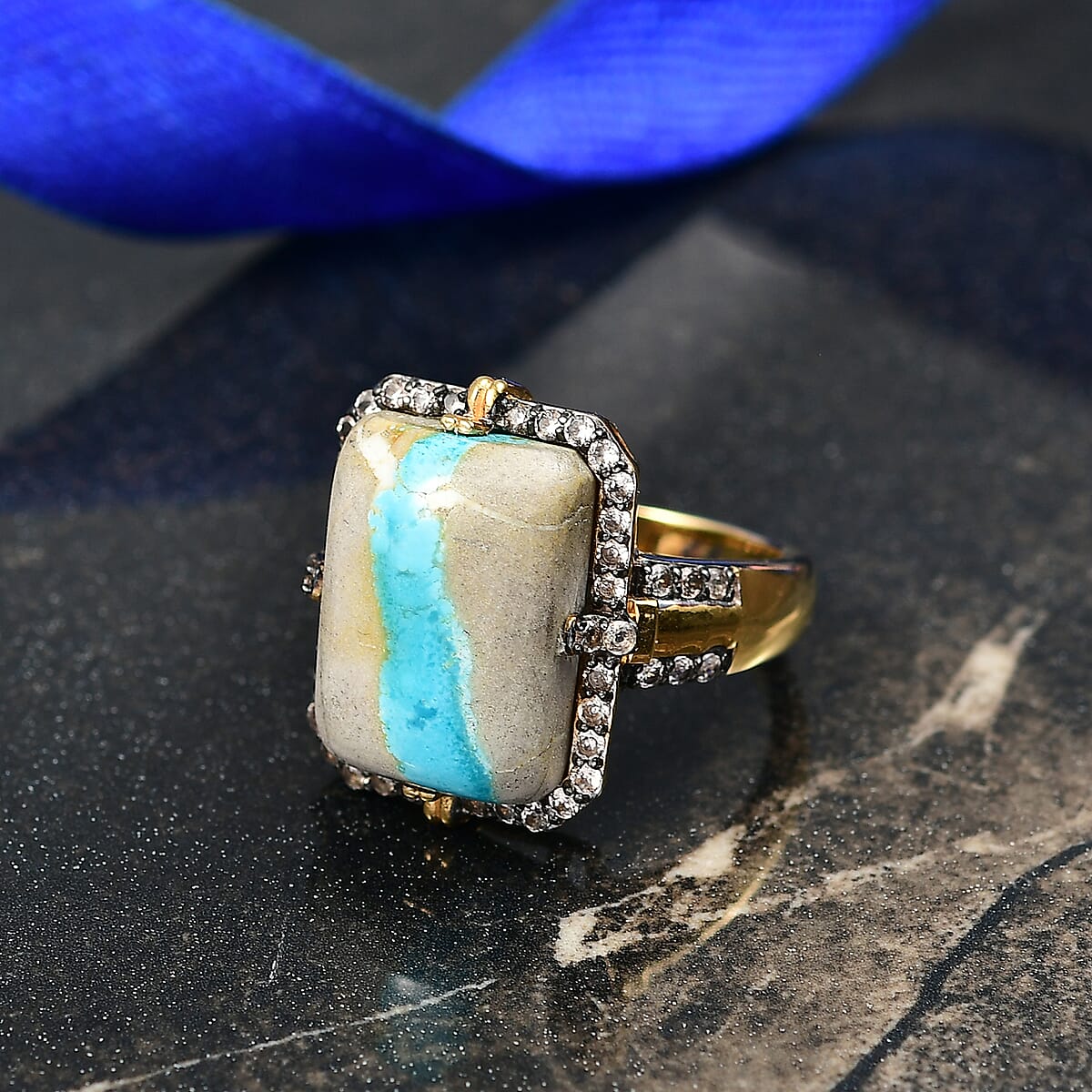 D'Joy Premium Royston Ribbon Turquoise and Champagne Zircon 13.10 ctw Ring in 18K Vermeil Yellow Gold Over Sterling Silver (Size 10.0) image number 1