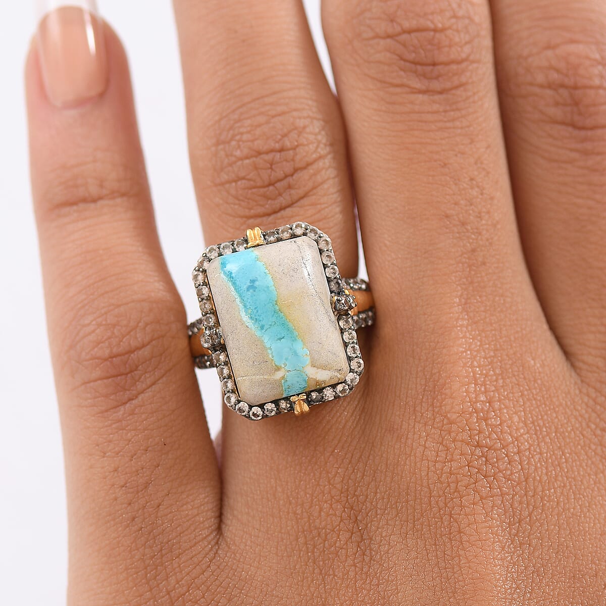 D'Joy Rachel Roy Loving Care Royston Ribbon Turquoise, Champagne Zircon Ring in 18K Vermeil YG Over Sterling Silver 13.10 ctw (Size 8.0) image number 2
